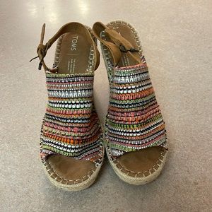 Tom's size 10 multicolor sandals with large just wedge heel